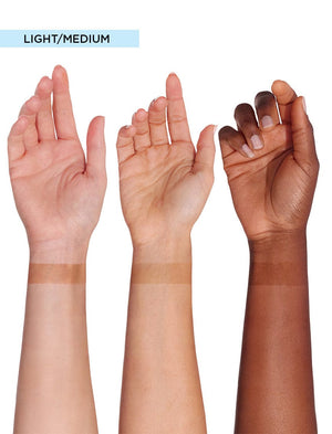 Three raised forearms of varying skin tones display horizontal swatches of BondiSandsEU’s Aero Self Tanning Foam Light/Medium, evoking a bronzed glow against a plain white background.