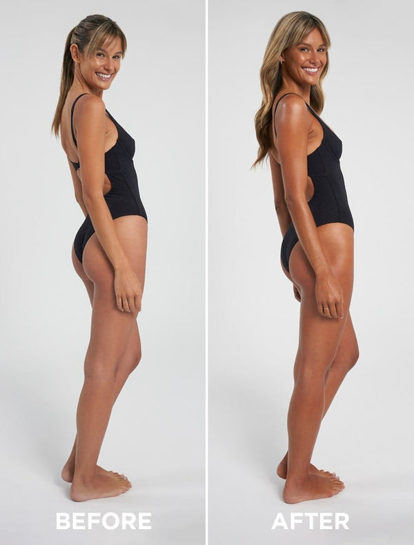 Side-by-side photos of a smiling woman in a black swimsuit, labeled “Before” and “After,” showing her bronzed glow achieved with Bondi Sands Europe Get Glowing 3 Piece Starter Kit Dark, standing similarly against a plain background.