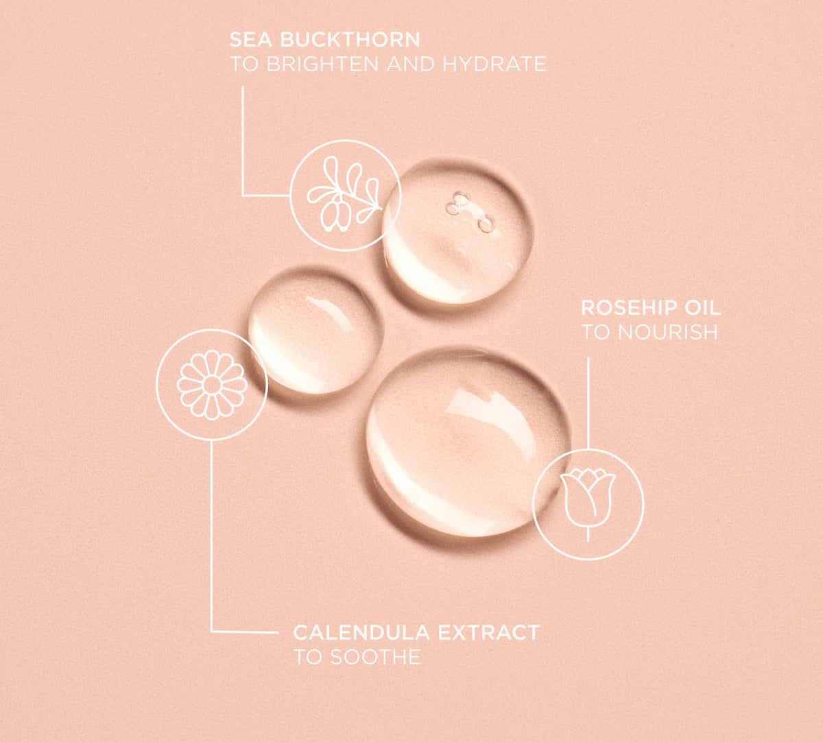 Three clear drops of BondiSandsEU's Wonder Potion Hero Oil on a peach background, labeled with sea buckthorn to brighten, rosehip oil to nourish, and calendula extract to soothe—each shown with a matching line drawing icon.