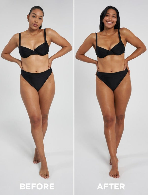 Two images show the same woman in black underwear, barefoot. Left: Before; right: After using BondiSandsEU Aero Self Tanning Foam Liquid Gold—she looks slimmer, smiles more, and her skin glows with a lasting natural tan.