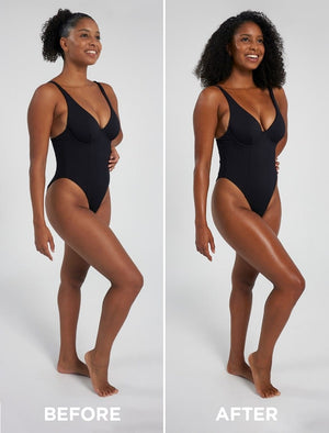 Side-by-side image of a woman in a black one-piece swimsuit, labeled before and after, showing improved body contour, posture, and a deep bronzed tan from using BondiSandsEU Aero Self Tanning Foam Ultra Dark.