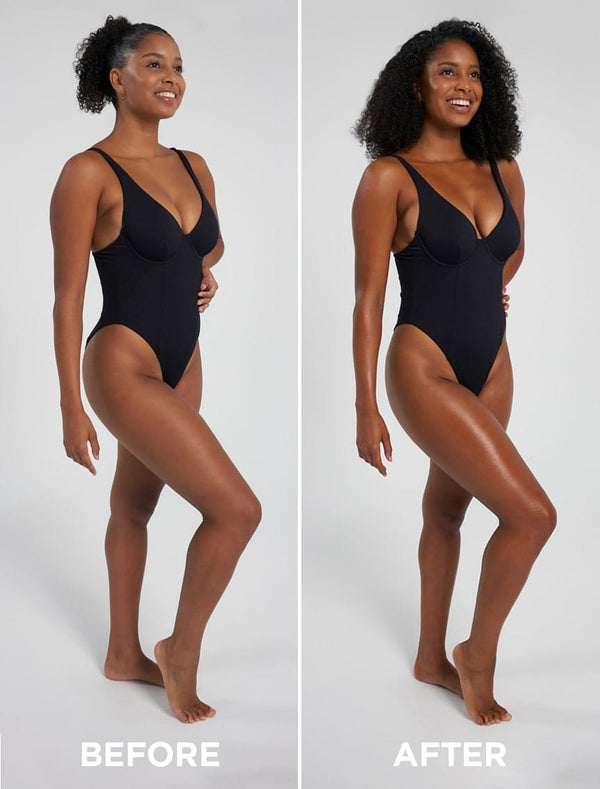 Side-by-side image of a woman in a black one-piece swimsuit, labeled before and after, showing improved body contour, posture, and a deep bronzed tan from using BondiSandsEU Aero Self Tanning Foam Ultra Dark.