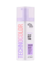 A bottle of BondiSandsEU Magenta Technocolor 1 Hour Express Self Tanning Foam, ideal for olive to deep skin tones. The white bottle features purple and pink text with a transparent purple cap.