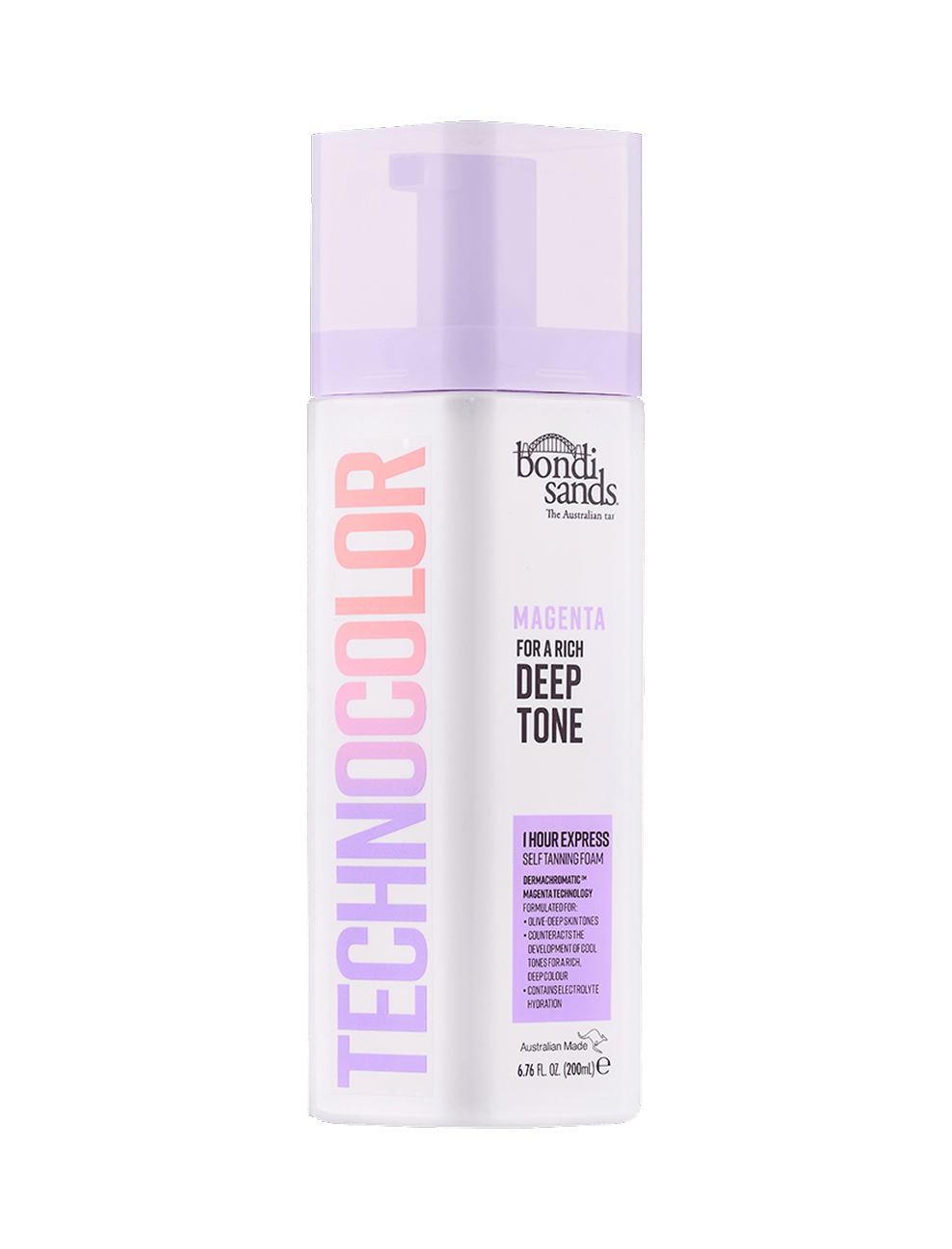 A bottle of BondiSandsEU Magenta Technocolor 1 Hour Express Self Tanning Foam, ideal for olive to deep skin tones. The white bottle features purple and pink text with a transparent purple cap.