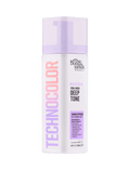A bottle of BondiSandsEU Magenta Technocolor 1 Hour Express Self Tanning Foam, ideal for olive to deep skin tones. The white bottle features purple and pink text with a transparent purple cap.