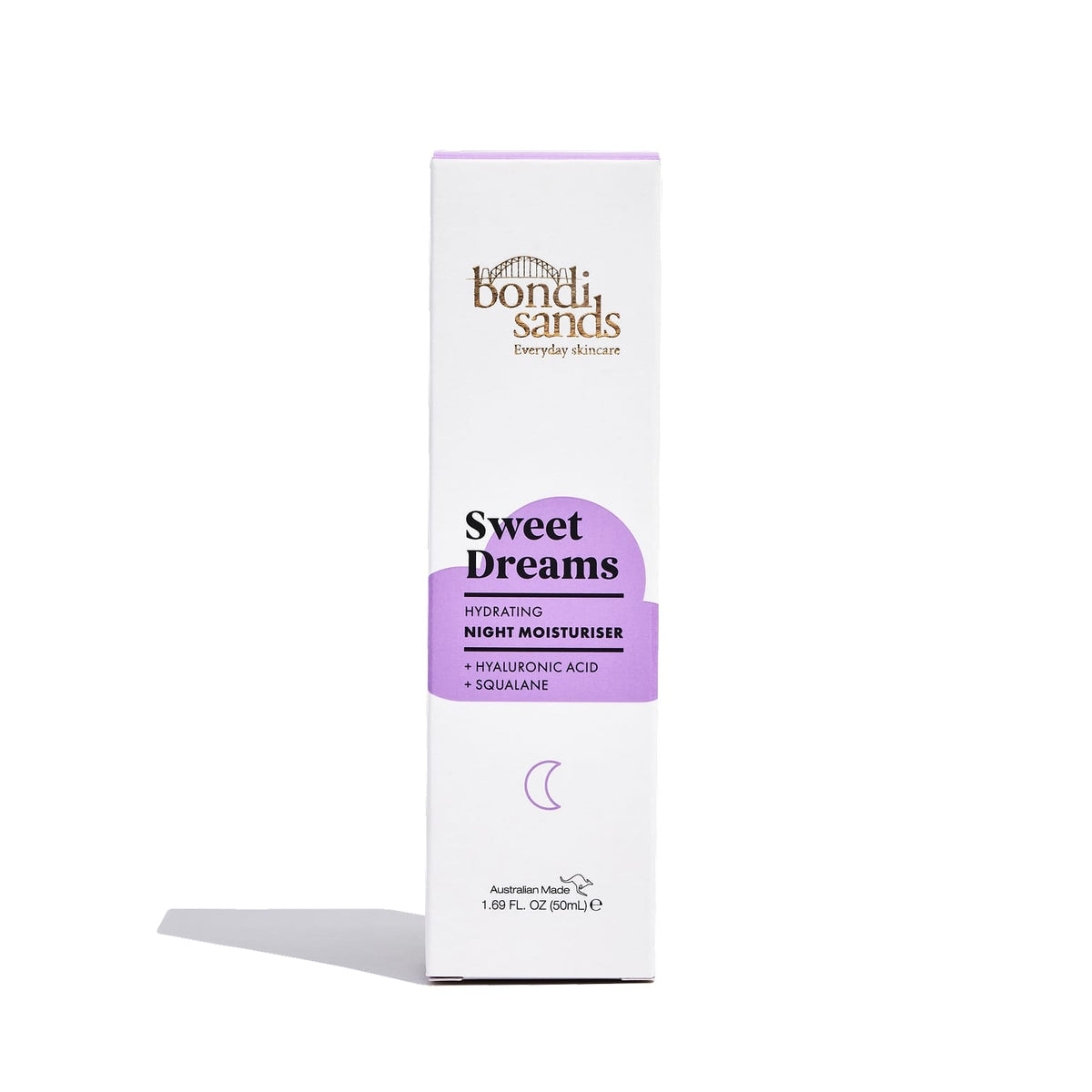 A white BondiSandsEU Sweet Dreams Night Moisturiser box with purple accents and text highlighting hyaluronic acid and squalane stands upright on a white background—ideal for deep overnight hydration.