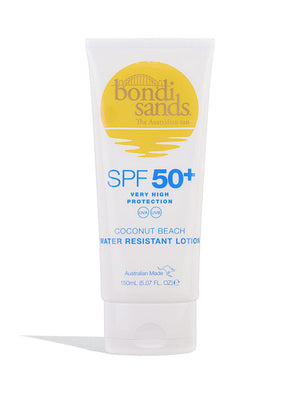 A 150mL tube of BondiSandsEU SPF 50+ Body Sunscreen Lotion Coconut Beach Scent offers broad spectrum UVA/UVB protection, summer fragrance, and stands upright with a yellow sun logo and blue text on a white background.