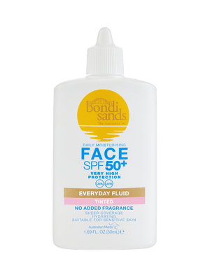 A white 50ml bottle of BondiSandsEU SPF 50+ Everyday Tinted Face Fluid with a yellow logo, blue text, and pointed nozzle cap; this tinted sunscreen offers broad spectrum protection and suits sensitive skin.