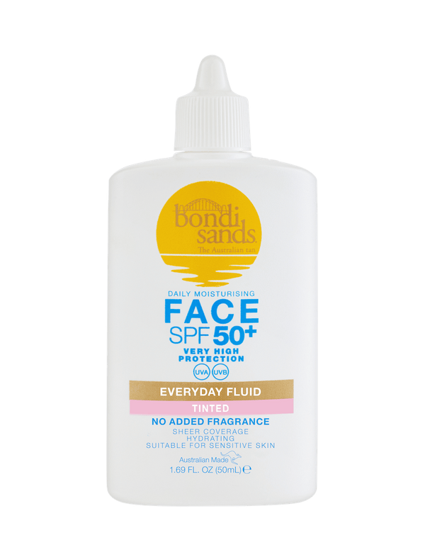 A white 50ml bottle of BondiSandsEU SPF 50+ Everyday Tinted Face Fluid with a yellow logo, blue text, and pointed nozzle cap; this tinted sunscreen offers broad spectrum protection and suits sensitive skin.