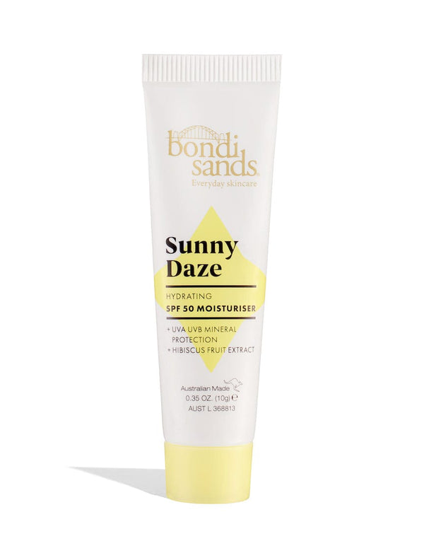 A white and yellow tube of BondiSandsEU Sunny Daze SPF 50 Moisturiser Sample 10ML, featuring sun protection, hydrating benefits, UVA/UVB mineral defense, and hibiscus extract, stands upright on a white background.