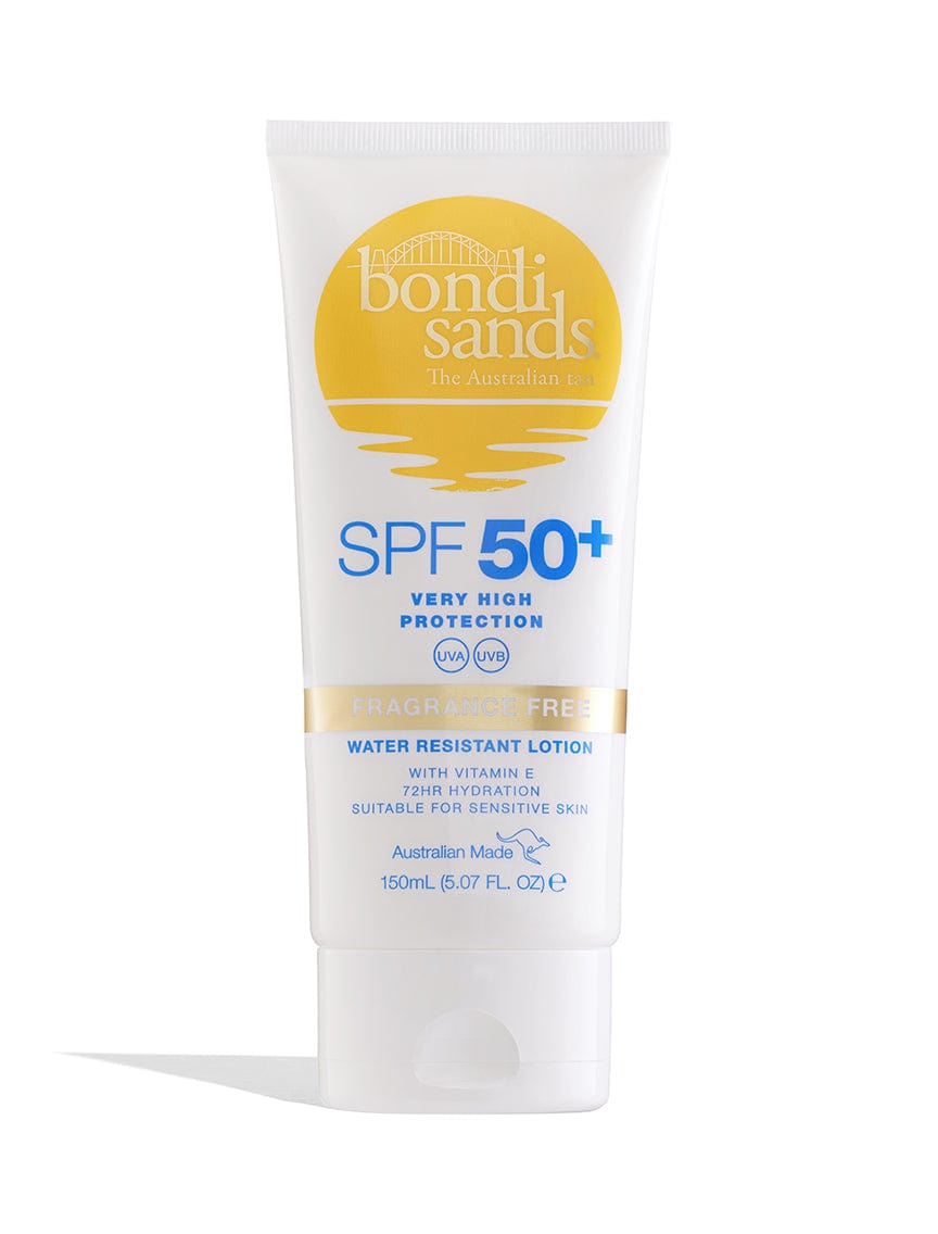 The BondiSandsEU SPF 50+ Fragrance Free Body Sunscreen Lotion offers UVA & UVB protection, is water resistant, suitable for sensitive skin, labeled very high protection, and comes in a 150ml white tube with a yellow sun graphic.
