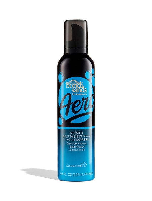 A black and blue BondiSandsEU Aero 1 Hour Express Self Tanning Routine Bundle bottle (7.6 fl oz/225 mL) with a pump dispenser and branded label, ideal for your self tanning routine.