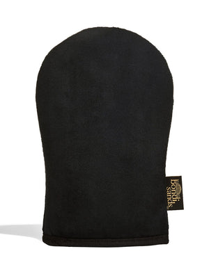 A black, velvet-like tanning mitt with a rounded top and "Bondi Sands" gold tag—ideal for a golden glow when paired with your Glow & Go Bundle from BondiSandsEU. Displayed upright against a white background.