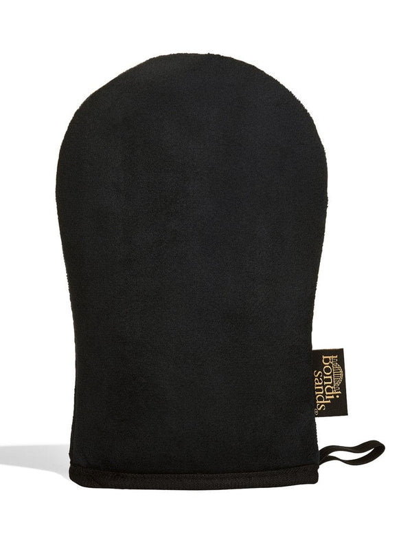 A black, velvet-textured mitt with a curved top and Bondi Sands tag, ideal for applying the BondiSandsEU Aero Light/Medium Self Tanning Routine Bundle foam. Shown against a plain white background.