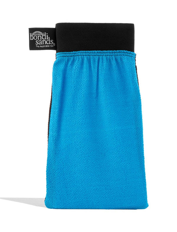 The Aero Light/Medium Self Tanning Routine Bundle by BondiSandsEU features a blue mitt with a black cuff and label, shown upright against a white background—perfect for applying self tanning foam or gradual tanning milk.