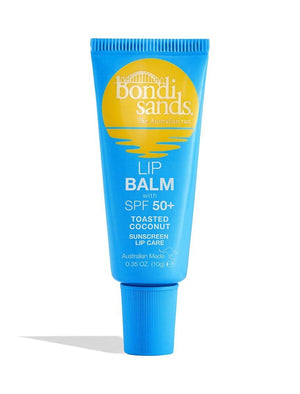 A blue tube of BondiSandsEU SPF 50+ Lip Balm Toasted Coconut hydrates lips, with yellow and white text, a sun and water graphic at the top, and the cap at the bottom.