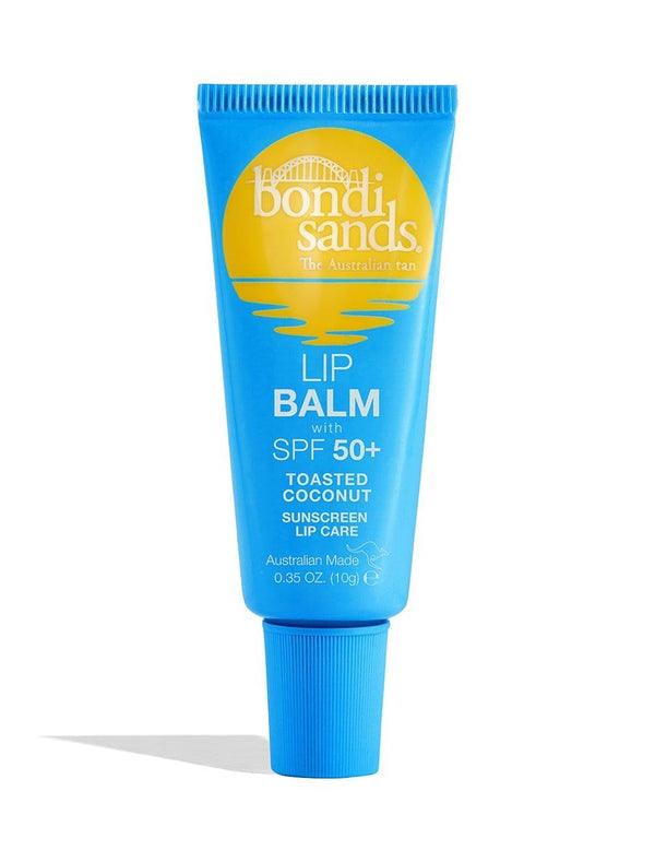 A blue tube of BondiSandsEU SPF 50+ Lip Balm Toasted Coconut hydrates lips, with yellow and white text, a sun and water graphic at the top, and the cap at the bottom.