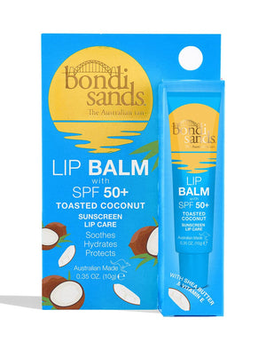 BondiSandsEU’s SPF 50+ Lip Balm Toasted Coconut features blue and yellow packaging with coconut illustrations, delivering sun protection, hydration, and Australian-made quality for your lips.