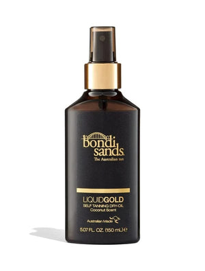 BondiSandsEU Glow & Go Bundle: 150 mL black and gold spray bottle of Liquid Gold self tanning Dry Oil with coconut scent, branded with logo and details for a radiant golden glow.