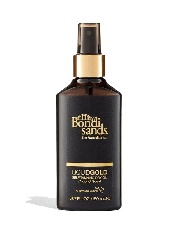 BondiSandsEU Glow & Go Bundle: 150 mL black and gold spray bottle of Liquid Gold self tanning Dry Oil with coconut scent, branded with logo and details for a radiant golden glow.