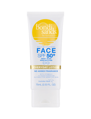 A 75ml white tube of BondiSandsEU SPF 50+ Everyday Face Sunscreen Lotion, fragrance-free, water resistant, for sensitive skin, with yellow and blue text.