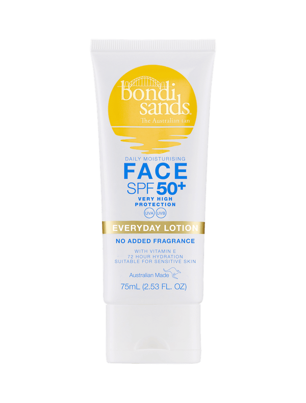 A 75ml white tube of BondiSandsEU SPF 50+ Everyday Face Sunscreen Lotion, fragrance-free, water resistant, for sensitive skin, with yellow and blue text.