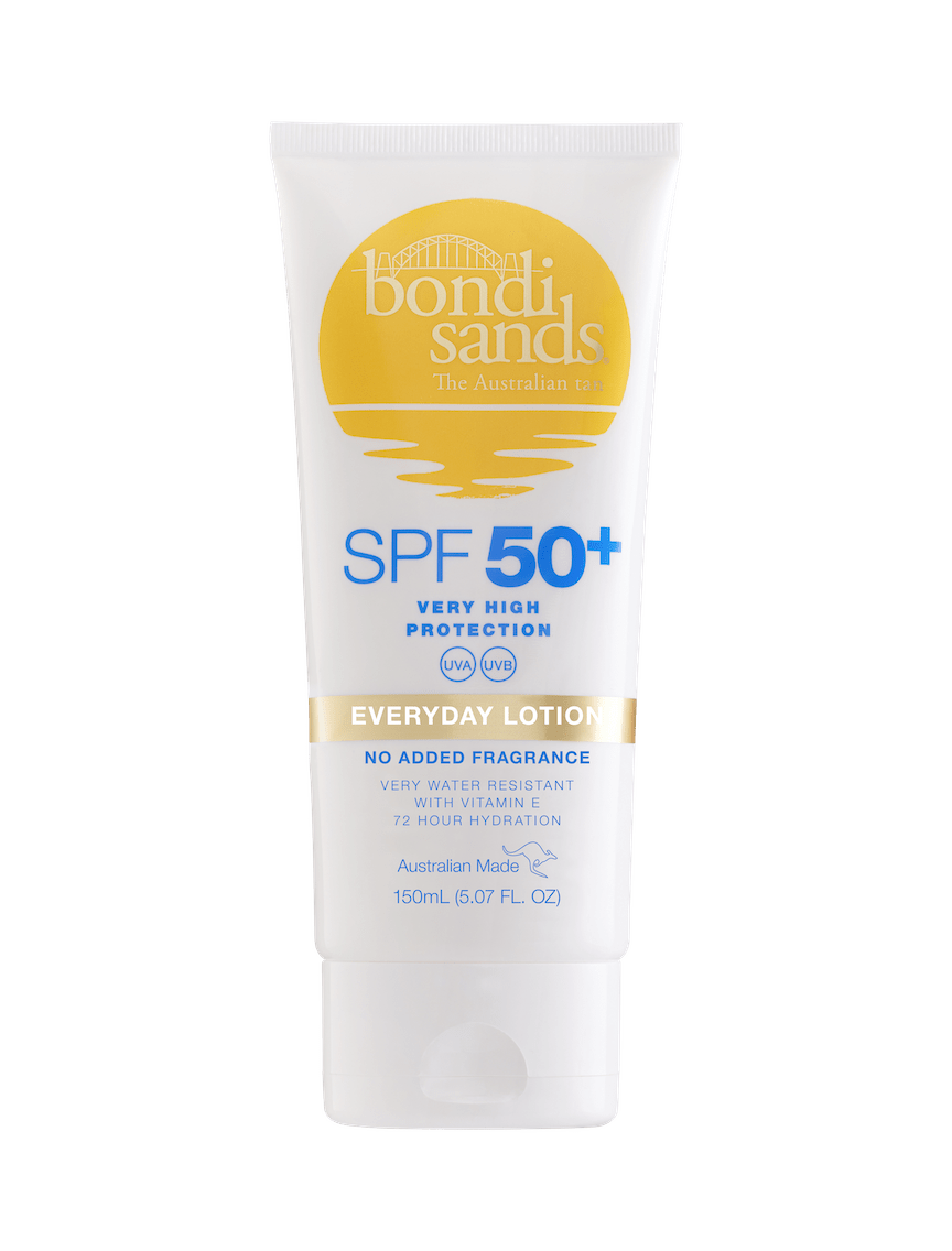 A 150 mL white tube of BondiSandsEU SPF 50+ Everyday Body Sunscreen Lotion with yellow sun logo offers very high UVA/UVB protection, no added fragrance, 72-hour hydration, and water resistance.