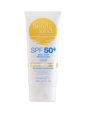 A 150 mL white tube of BondiSandsEU SPF 50+ Everyday Body Sunscreen Lotion with yellow sun logo offers very high UVA/UVB protection, no added fragrance, 72-hour hydration, and water resistance.