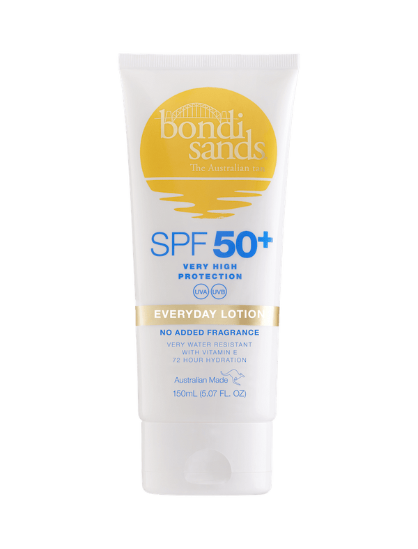 A 150 mL white tube of BondiSandsEU SPF 50+ Everyday Body Sunscreen Lotion with yellow sun logo offers very high UVA/UVB protection, no added fragrance, 72-hour hydration, and water resistance.