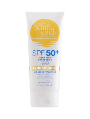 The Bondi Sands Europe SPF Besties Bundle includes a 150mL white tube of Everyday Lotion SPF 50+ sunscreen with yellow accents, offering very high sun protection, 12-hour hydration, and no added fragrance.