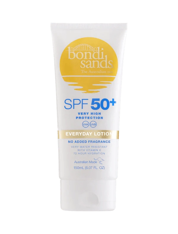 The Bondi Sands Europe SPF Besties Bundle includes a 150mL white tube of Everyday Lotion SPF 50+ sunscreen with yellow accents, offering very high sun protection, 12-hour hydration, and no added fragrance.