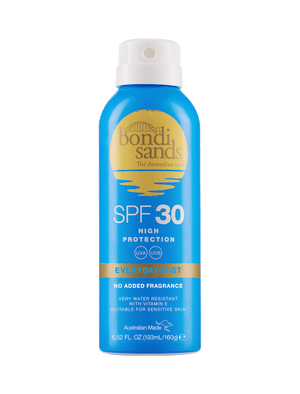 The BondiSandsEU SPF 30 Everyday Sunscreen Aerosol Mist offers high UVA/UVB protection, is very water resistant, fragrance-free, suitable for sensitive skin, and comes in a 6.62 fl oz (193 ml) blue and gold spray can.