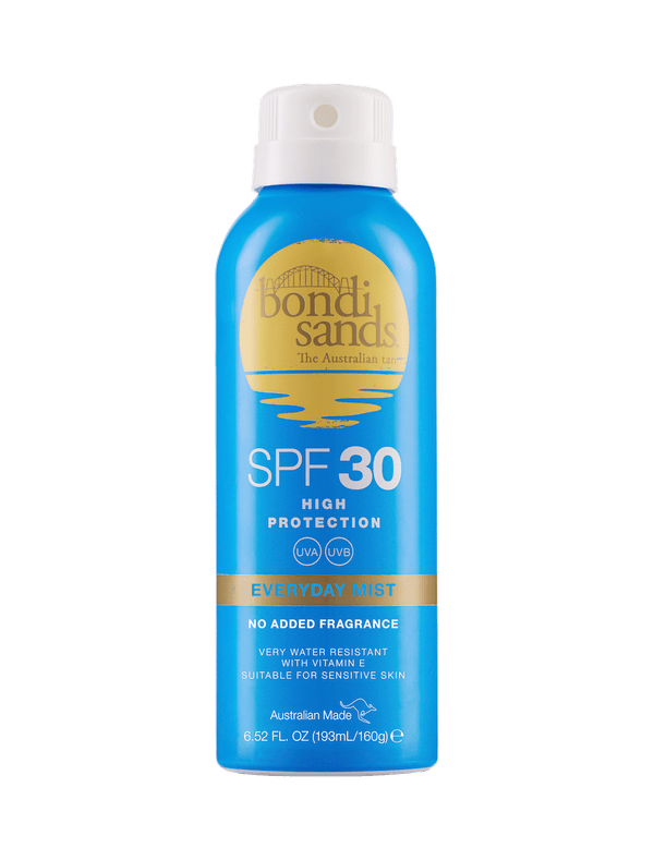 The BondiSandsEU SPF 30 Everyday Sunscreen Aerosol Mist offers high UVA/UVB protection, is very water resistant, fragrance-free, suitable for sensitive skin, and comes in a 6.62 fl oz (193 ml) blue and gold spray can.