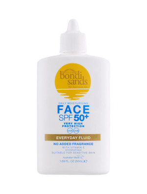 A white bottle of BondiSandsEU SPF 50+ Everyday Face Fluid (1.69 fl oz/50 mL) has a pointed cap, gold and blue text, and a gold logo. It provides UVA/UVB protection and is suitable for sensitive skin.