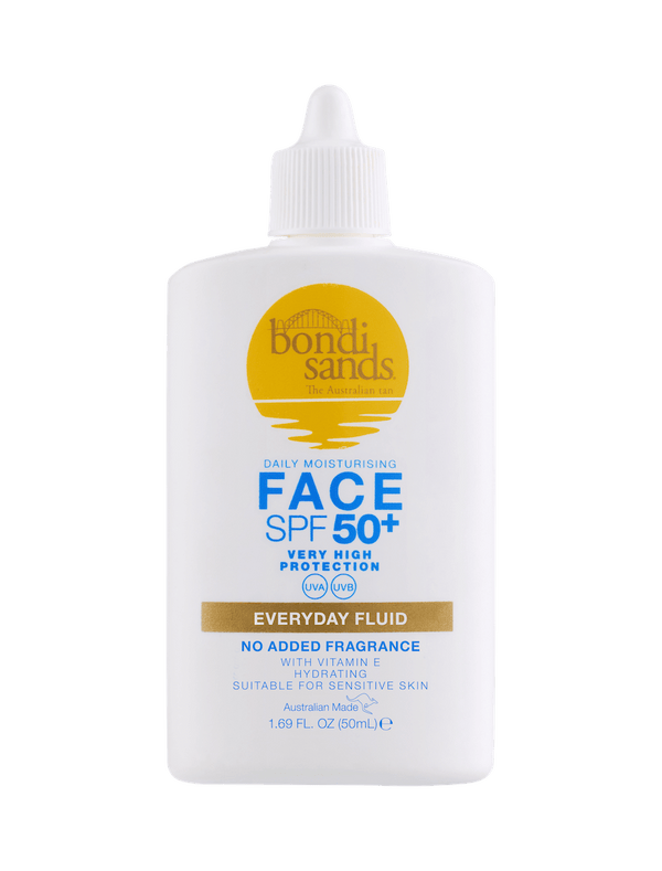 A white bottle of BondiSandsEU SPF 50+ Everyday Face Fluid (1.69 fl oz/50 mL) has a pointed cap, gold and blue text, and a gold logo. It provides UVA/UVB protection and is suitable for sensitive skin.