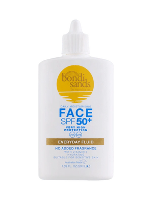 The Bondi Sands Europe SPF Besties Bundle features face sunscreen in a white bottle with gold and blue text, offering SPF 50+ daily moisturising, very high sun protection, and suitability for sensitive skin—ideal for everyday use.