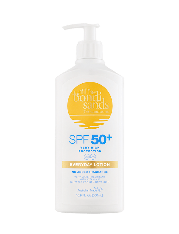 A white bottle of BondiSandsEU SPF 50+ Everyday Sunscreen Lotion Pump with yellow and blue text, offering water resistance, very high UVA/UVB protection, no added fragrance, and suitable for sensitive skin.