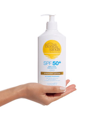 A hand holds a BondiSandsEU SPF 50+ Everyday Sunscreen Lotion Pump, a white bottle with yellow and blue label, offering very high UVA & UVB protection, no added fragrance, and water resistance.