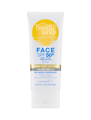 A white and yellow tube of BondiSandsEU SPF 50+ Everyday Matte Tinted Face Lotion, 2.53 fl oz (75 mL), offers very high protection, is non-comedogenic, fragrance-free, and suitable for sensitive skin.