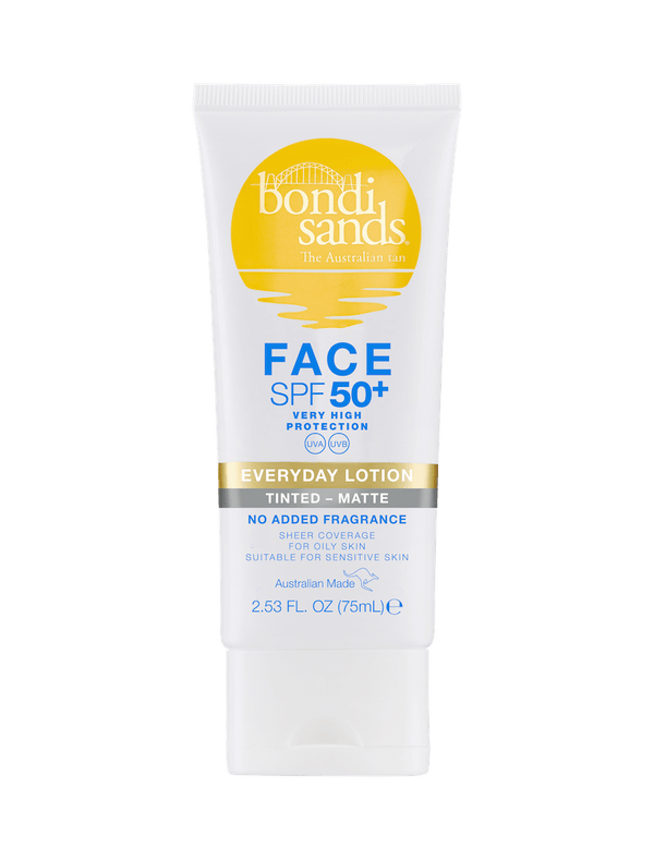 A white and yellow tube of BondiSandsEU SPF 50+ Everyday Matte Tinted Face Lotion, 2.53 fl oz (75 mL), offers very high protection, is non-comedogenic, fragrance-free, and suitable for sensitive skin.