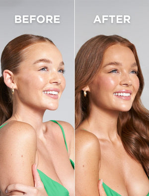 Side-by-side images show a smiling woman in a green top before and after using BondiSandsEU's Technocolor Emerald Self Tanning Face Serum; her hair is smoother, color richer, and skin glows with a natural-looking tan on the right.