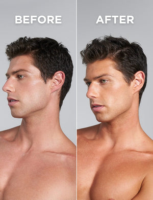 Side-by-side photos of a shirtless man facing left. “Before” and “After” labels show a more defined jawline and sun-kissed look after using BondiSandsEU Technocolor Emerald Self Tanning Face Serum for medium skin tones.