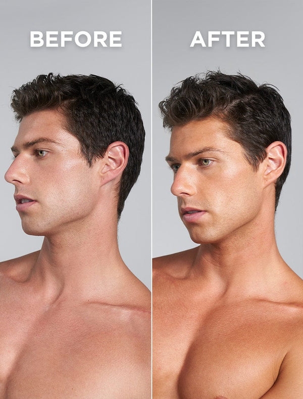 Side-by-side photos of a shirtless man facing left. “Before” and “After” labels show a more defined jawline and sun-kissed look after using BondiSandsEU Technocolor Emerald Self Tanning Face Serum for medium skin tones.