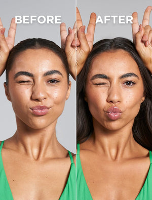 Split image shows a woman in a green top making bunny ears. Left: “Before.” Right: “After” using BondiSandsEU Technocolor Emerald Self Tanning Face Serum—her medium skin looks smoother with a natural tan.