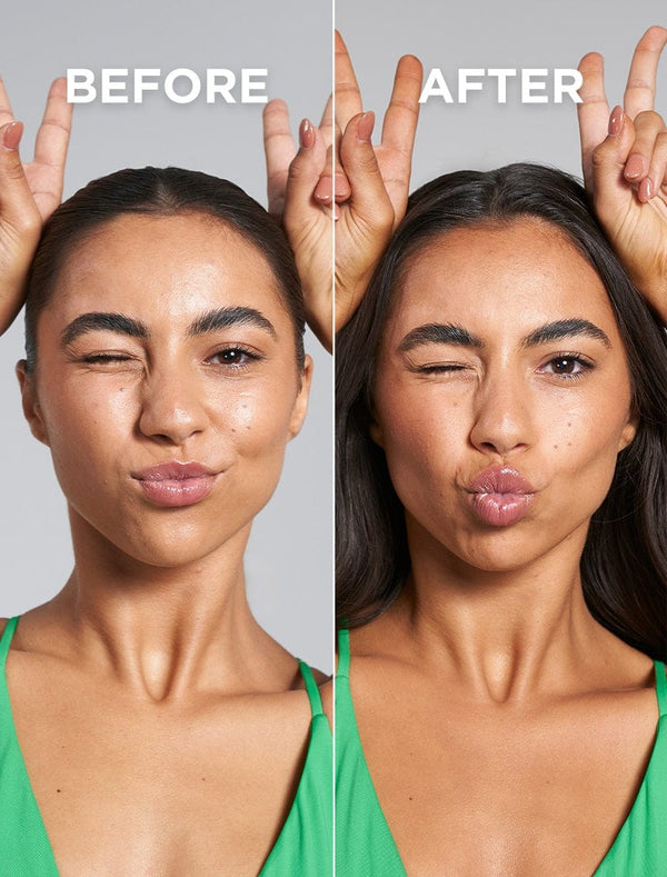 Split image shows a woman in a green top making bunny ears. Left: “Before.” Right: “After” using BondiSandsEU Technocolor Emerald Self Tanning Face Serum—her medium skin looks smoother with a natural tan.
