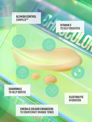 A close-up of BondiSandsEU Technocolor Emerald Self Tanning Face Serum with creamy swatches on green. Labels show blemish control complex, vitamin C, chamomile, electrolytes, and emerald enhancers for medium skin tones.