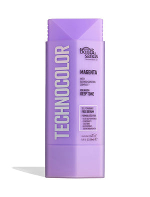 A purple bottle of BondiSandsEU Technocolor Magenta Self Tanning Face Serum, for a deep face tan, stands upright with white text and product info on a white background.