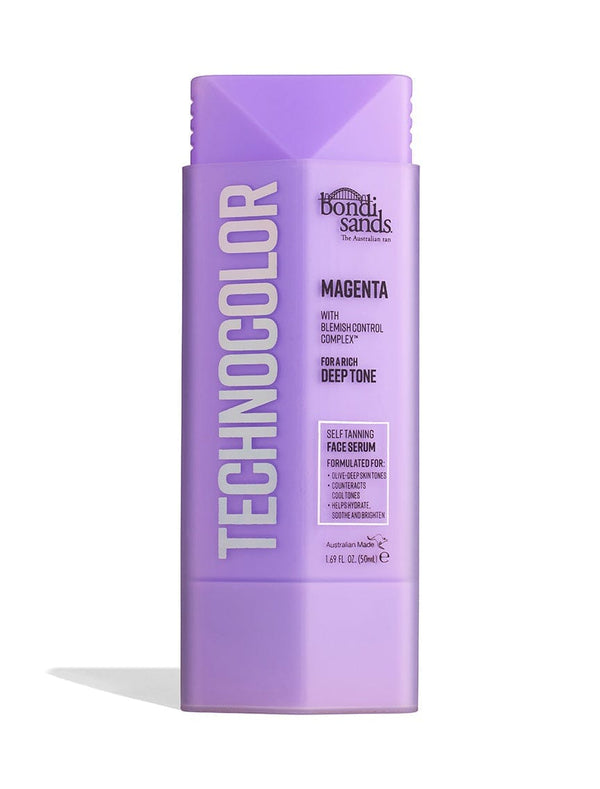 A purple bottle of BondiSandsEU Technocolor Magenta Self Tanning Face Serum, for a deep face tan, stands upright with white text and product info on a white background.