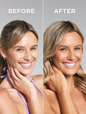 Side-by-side photos show a smiling woman before and after using BondiSandsEU Technocolor Magenta Self Tanning Face Serum. After use, her hair appears darker and shinier, and her skin has a glowing, deep-toned face tan; her pose and smile are unchanged.