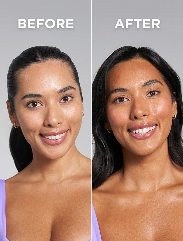 Side-by-side photos show a woman smiling. The left image ("Before") shows her with lighter skin. The right ("After") reveals a deep toned face tan and radiant makeup, achieved with BondiSandsEU Technocolor Magenta Self Tanning Face Serum.